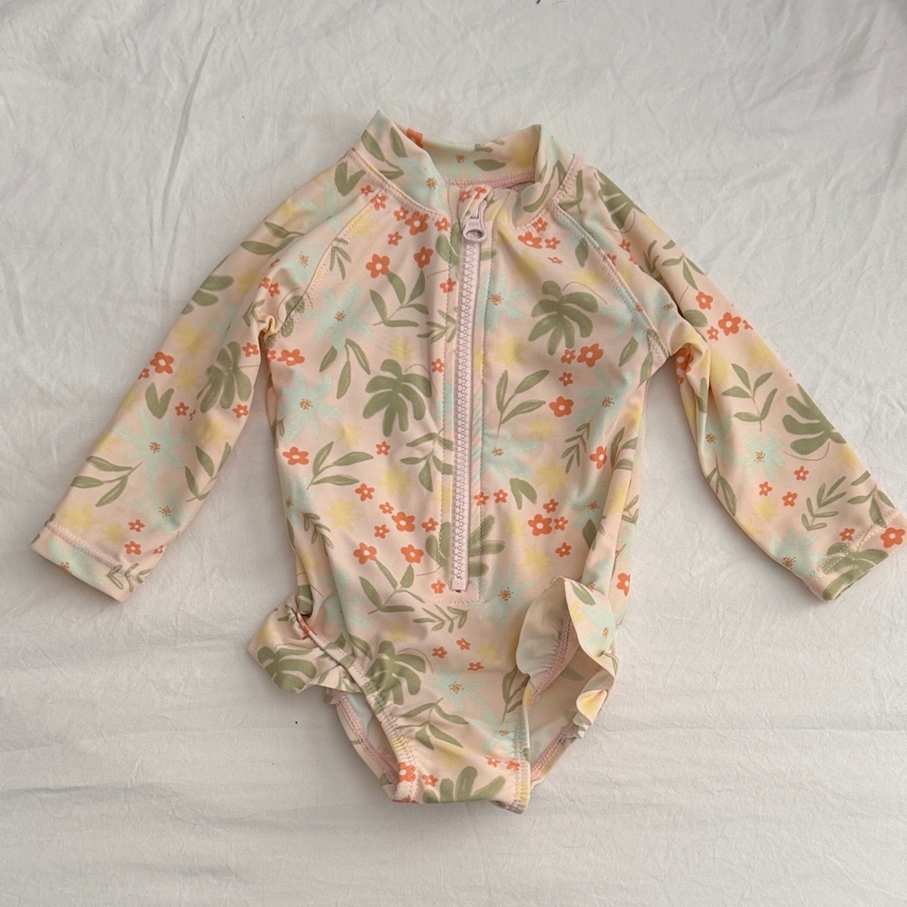 Floral Long Sleeve Baby Rash Guard Swimsuit - Pastel Peach & Green